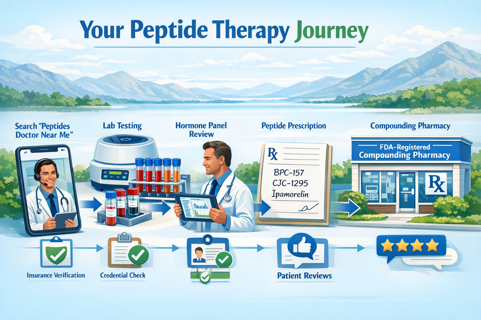 Professional landscape illustration (1536x1024) depicting patient journey for finding peptides doctor near me with step-by-step visual flowc