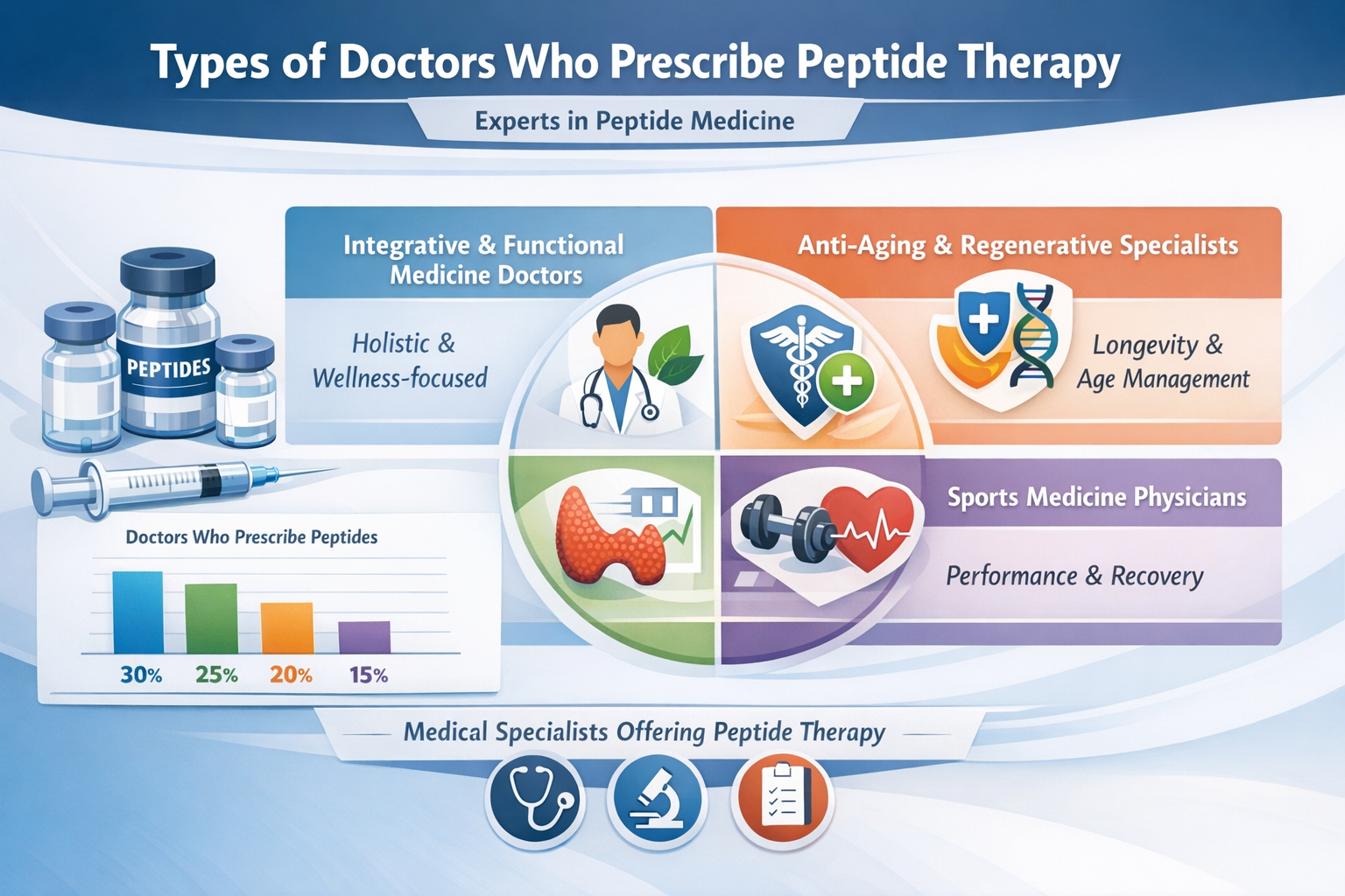 Professional landscape infographic (1536x1024) for article "Finding the Right Peptides Doctor Near Me: Your Complete 2026 Guide", section: "