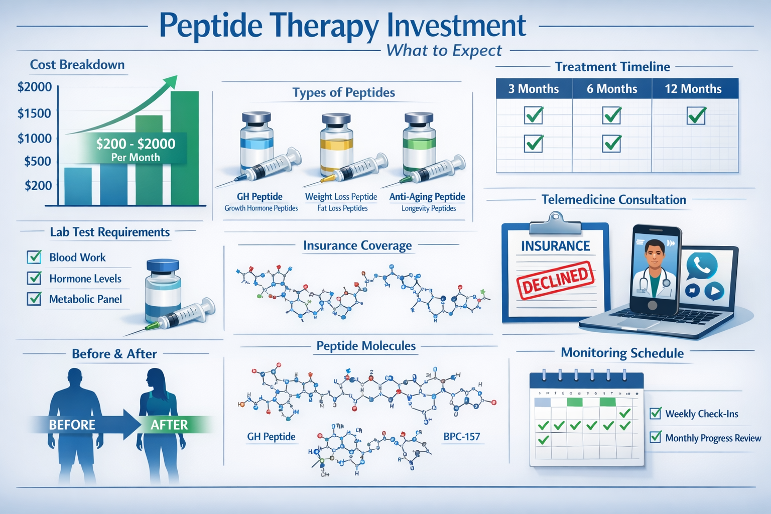 Comprehensive landscape infographic (1536x1024) displaying cost breakdown and treatment protocol for peptide therapy. Visual elements includ