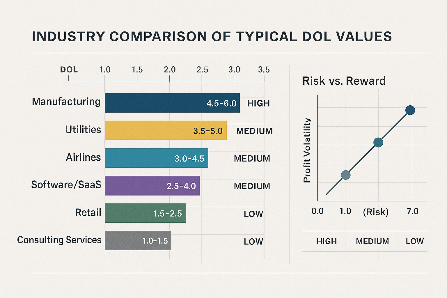 Professional landscape chart (1536x1024) showing industry comparison of typical DOL values across six major sectors presented as horizontal 