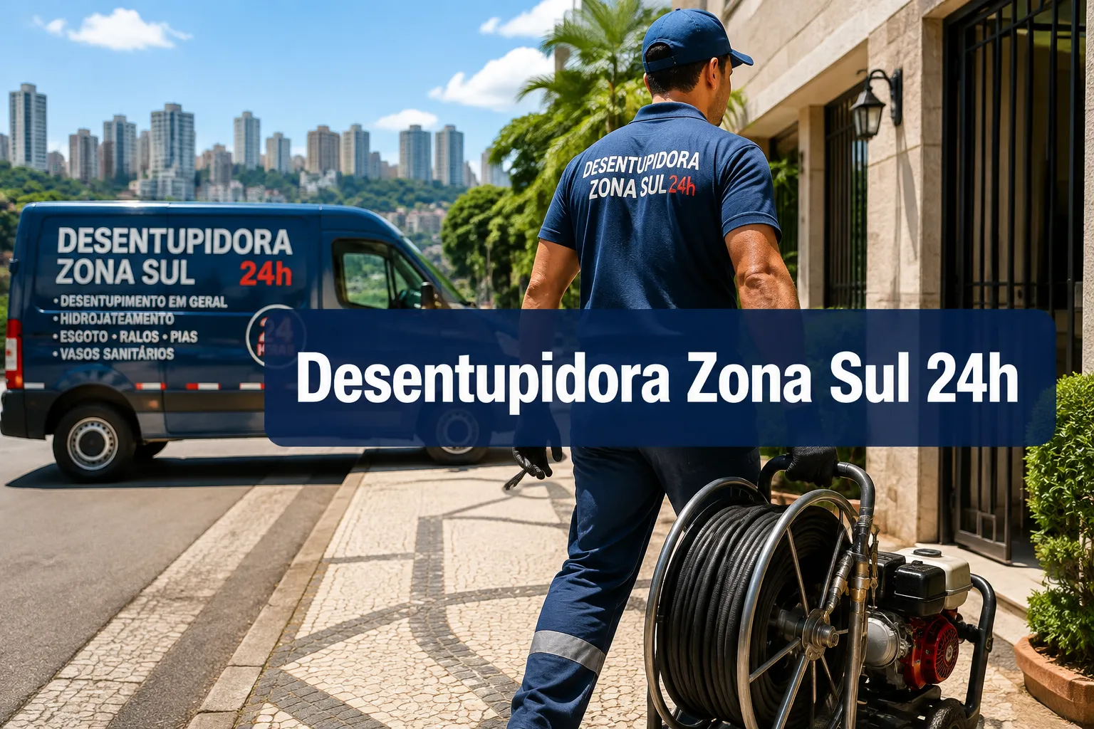 Professional () hero image with (≤42 chars): 'Desentupidora Zona Sul 24h' in large white centered on a deep navy