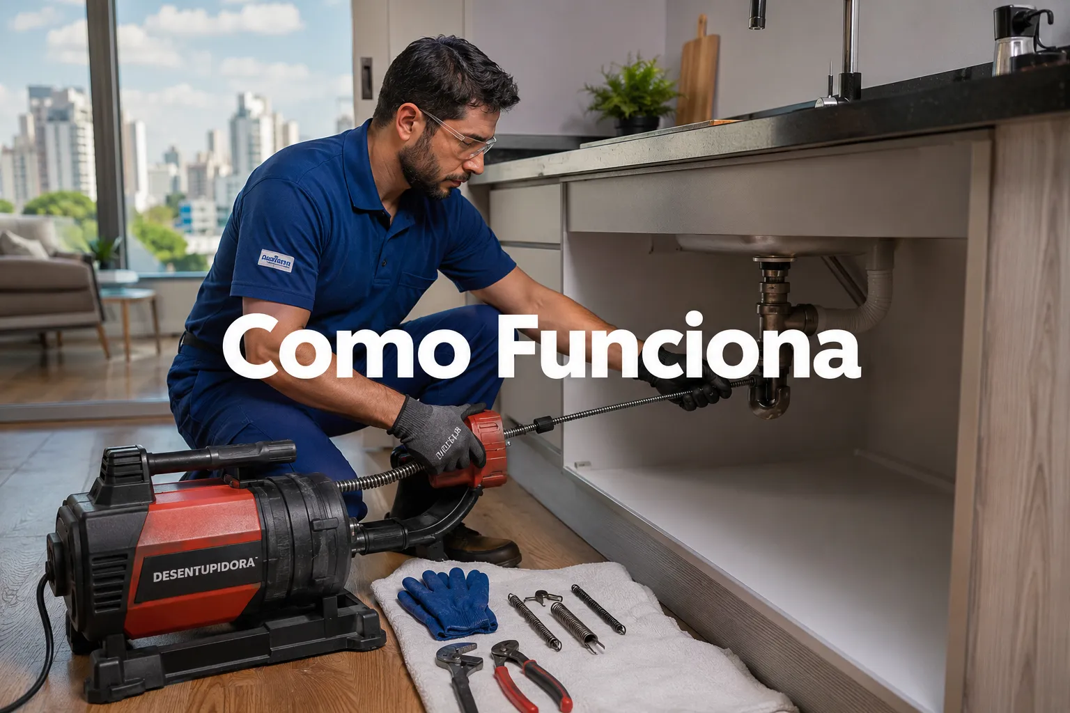 Editorial () bright daylight photograph of a professional male technician in blue uniform using a motorized drain-cleaning