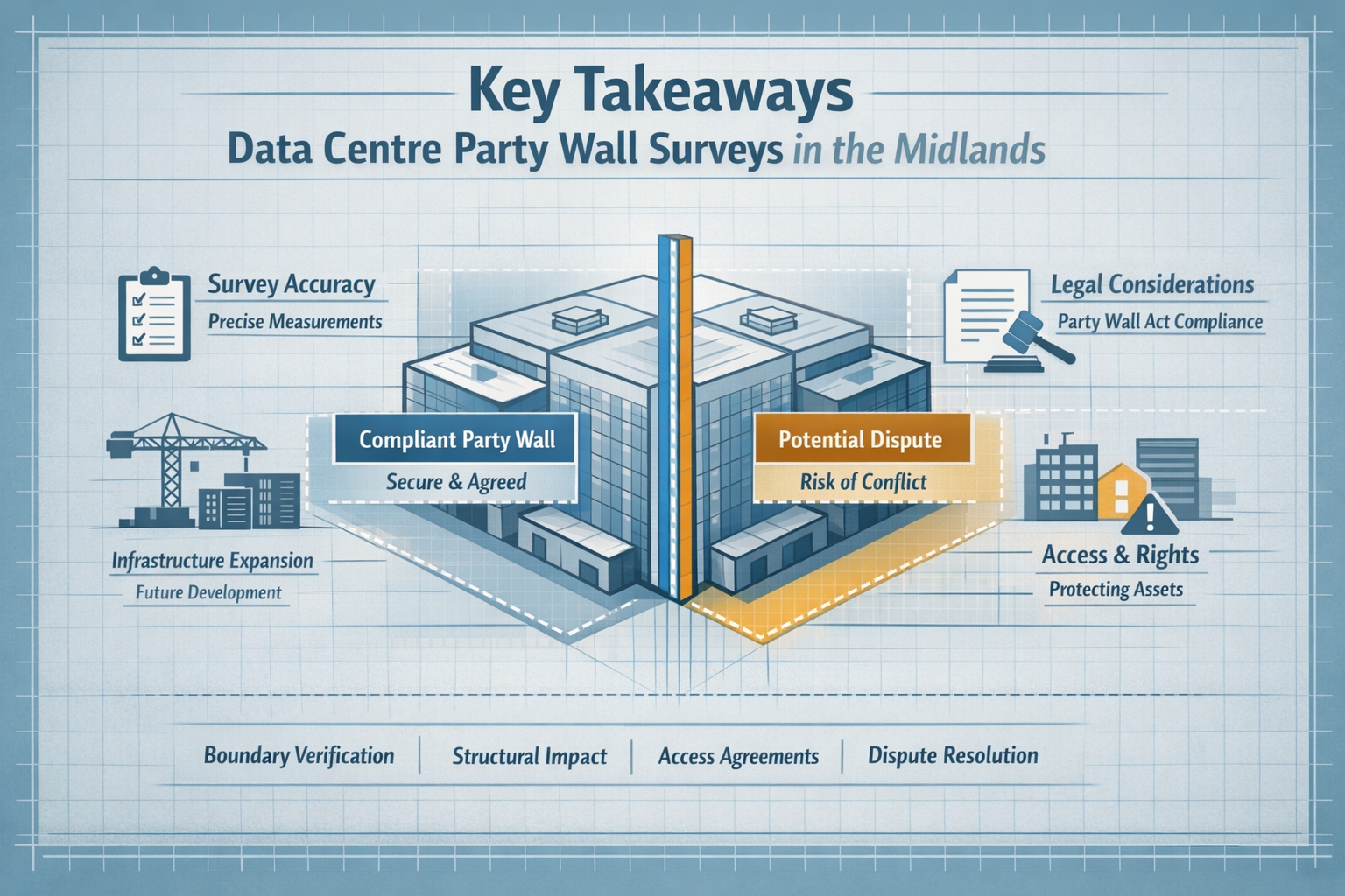Landscape editorial infographic visualizing 'Key Takeaways' for Data Centre Party Wall Surveys in the Midlands, featuring a
