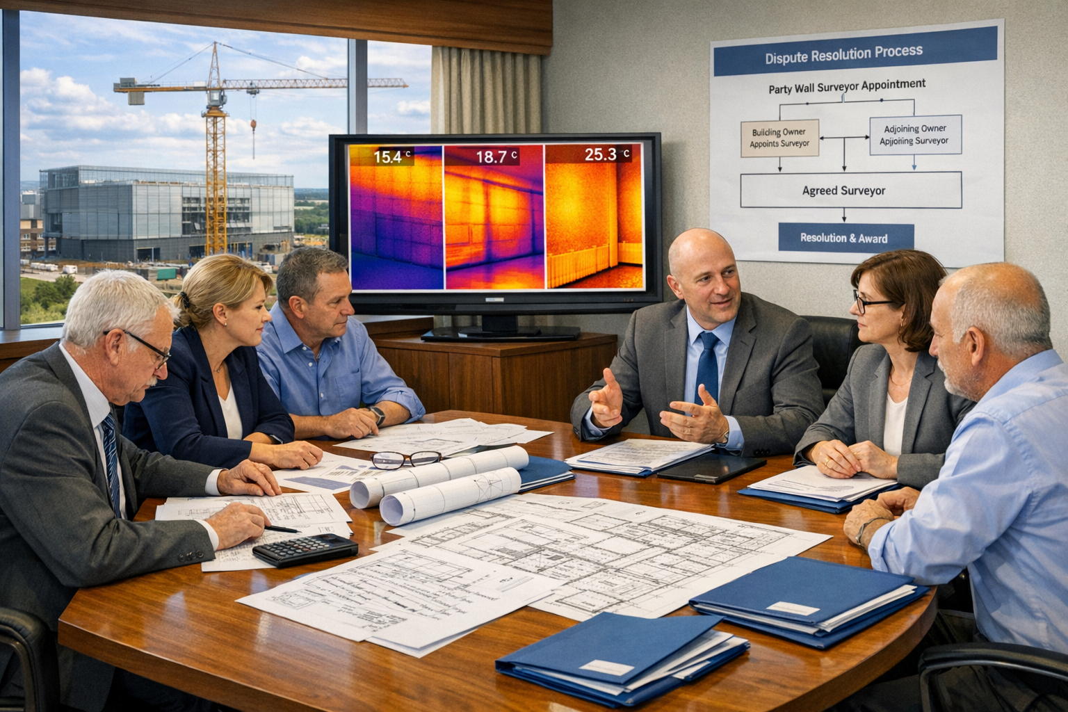 Detailed () scene showing active dispute resolution meeting for data centre party wall matter. Interior conference room