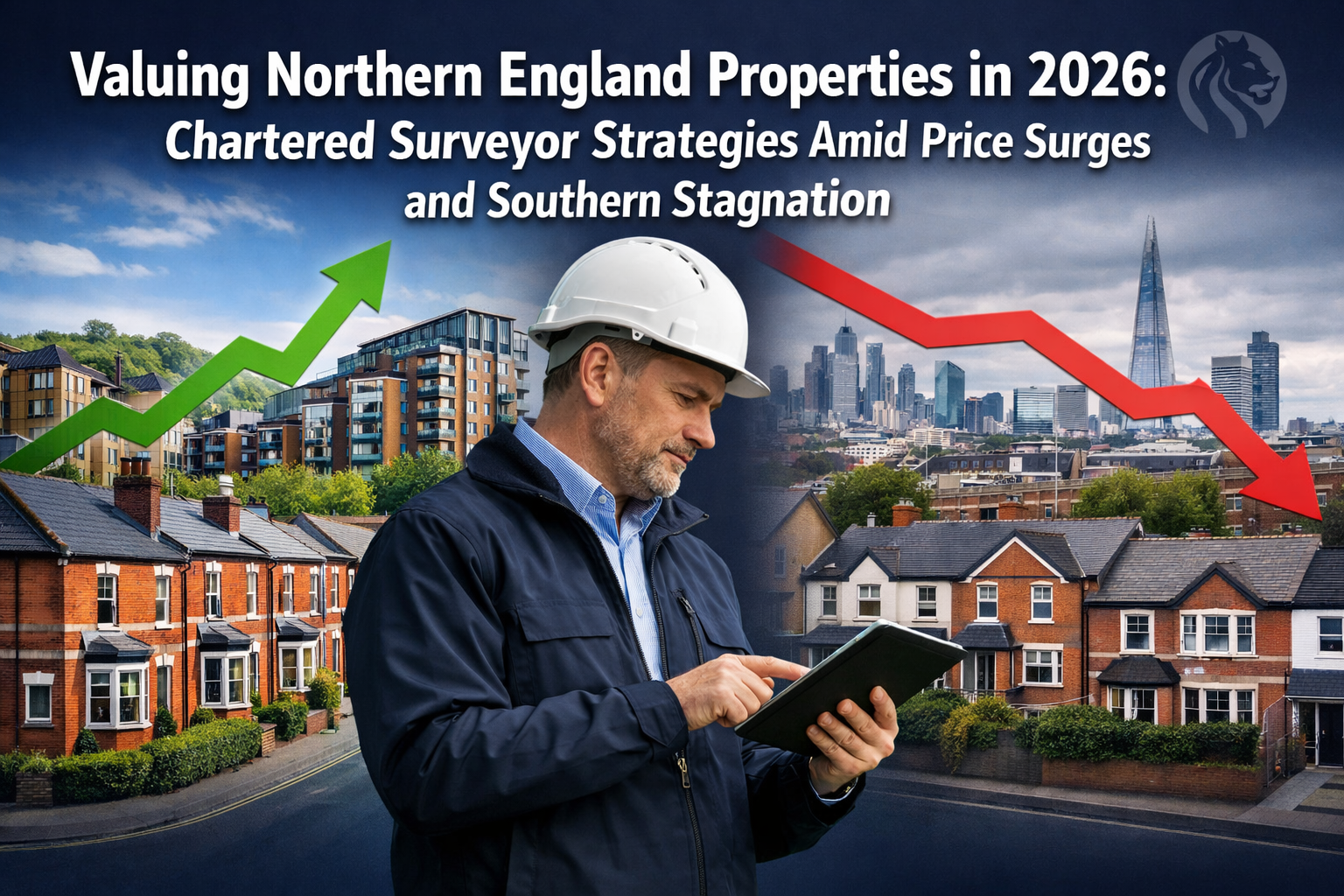 Professional landscape format (1536x1024) editorial hero image featuring bold text overlay 'Valuing Northern England Properties in 2026: Cha