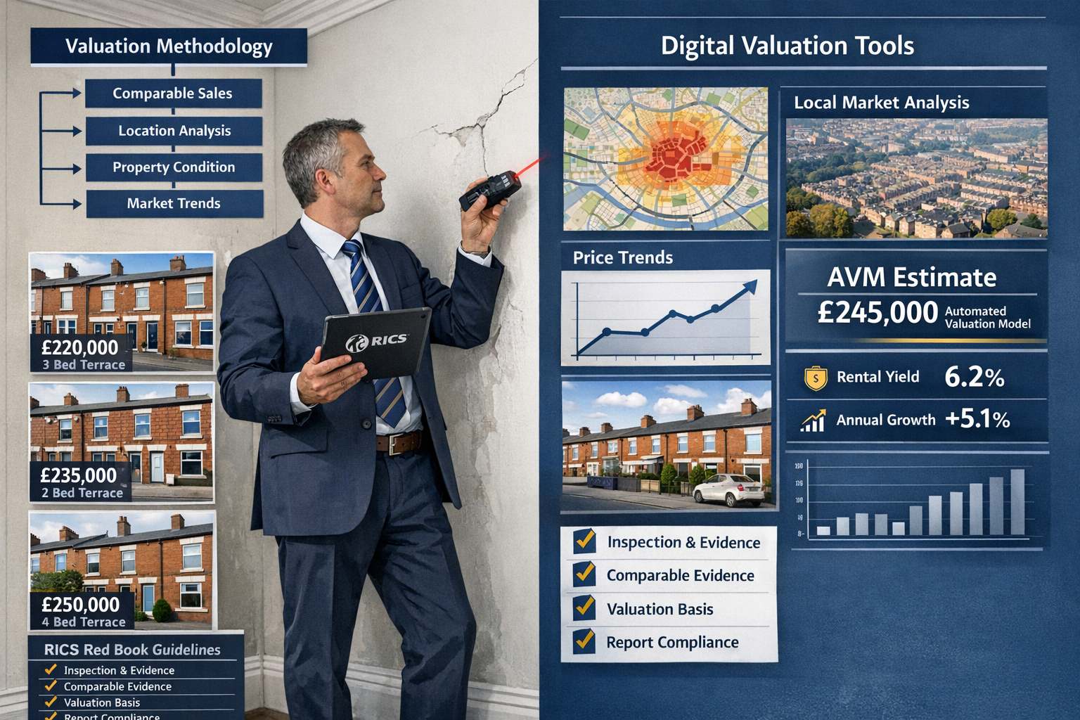 Detailed landscape format (1536x1024) professional illustration showing chartered surveyor conducting property valuation in Northern England