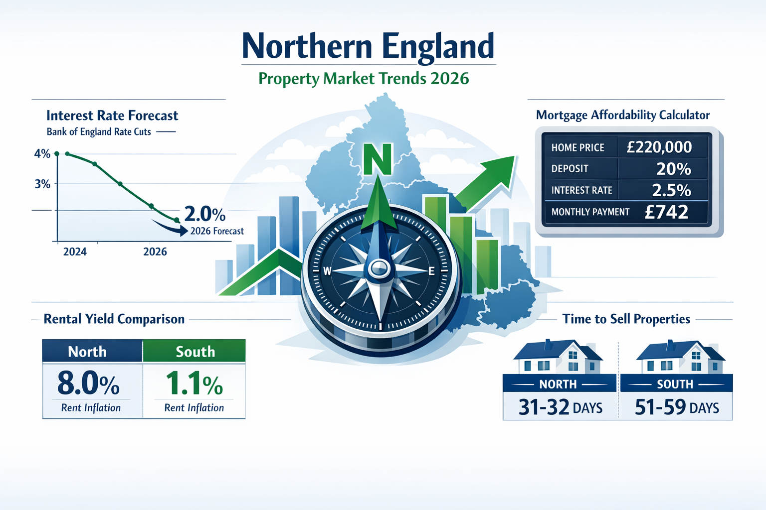 Detailed landscape format (1536x1024) strategic planning visualization showing future property market trends for 2026. Central focus on Nort