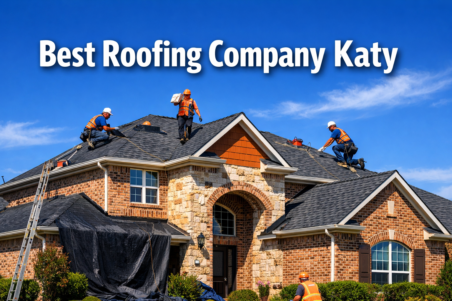 Professional landscape hero image (1536x1024) featuring bold text overlay 'Best Roofing Company Katy' in extra large 72pt white sans-serif f