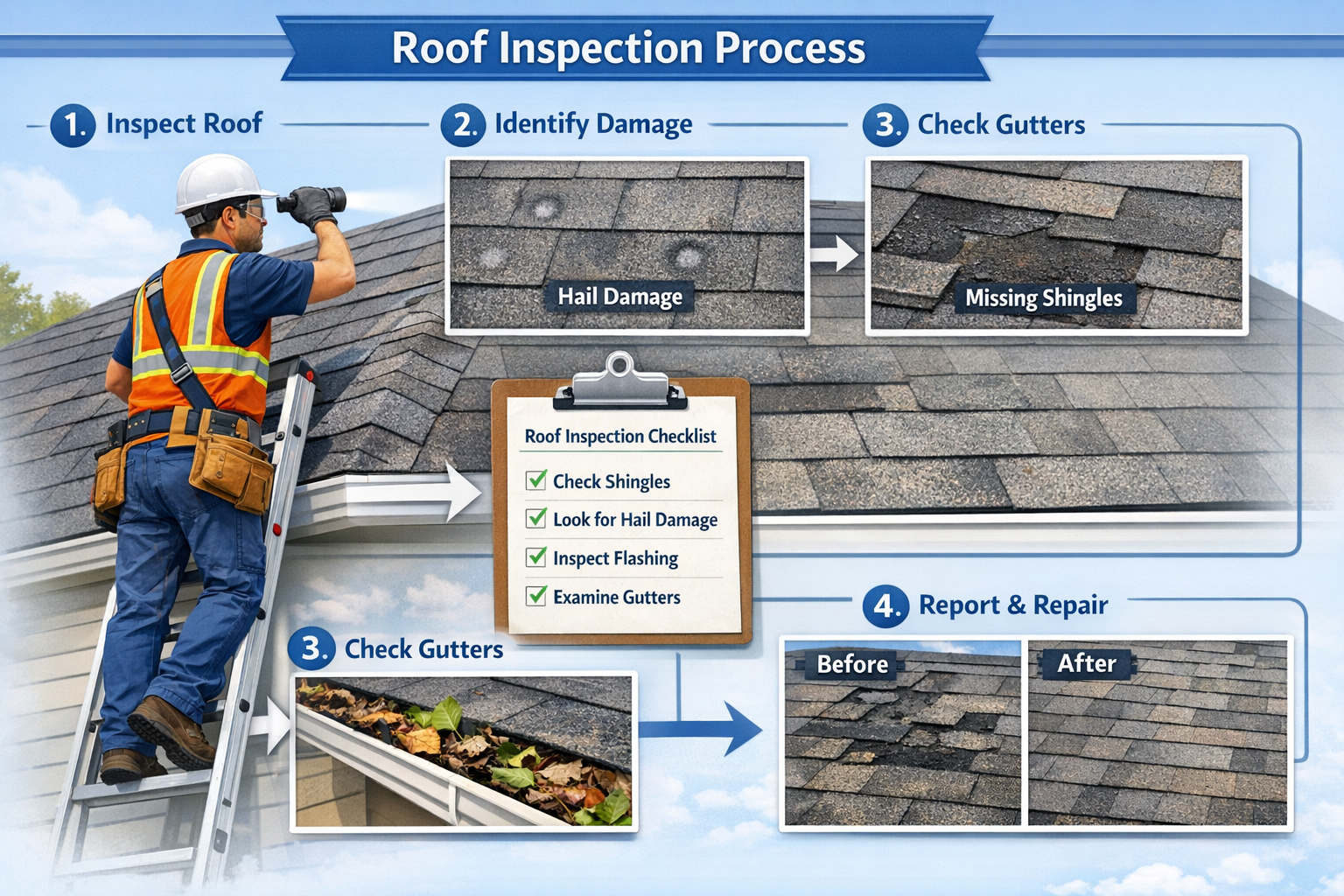 Interactive visual showing roof inspection process with numbered steps, professional inspector on ladder examining shingles, close-up shots 