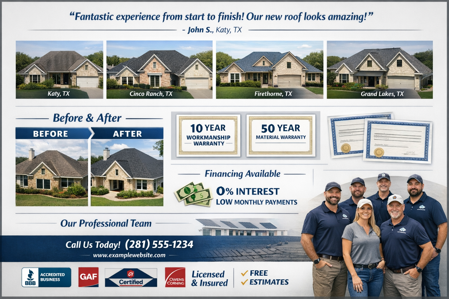 Customer testimonial layout with 5-star ratings, photos of completed roofing projects in Katy Texas neighborhoods, before/after transformati