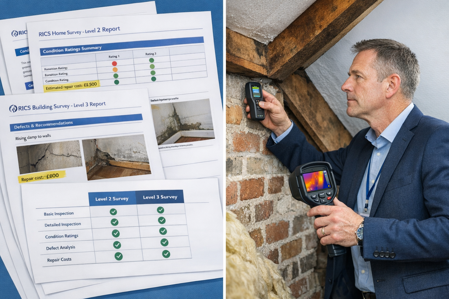 () editorial image showing split-screen composition: left side displays detailed RICS Level 2 and Level 3 survey report