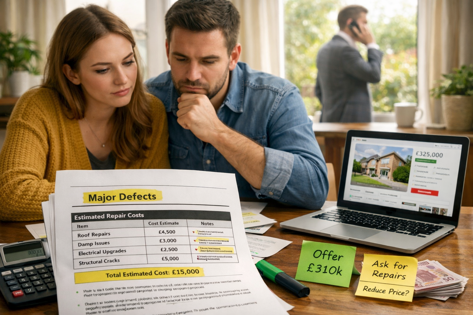 () professional photograph of first-time buyer couple sitting at dining table reviewing building survey documents with