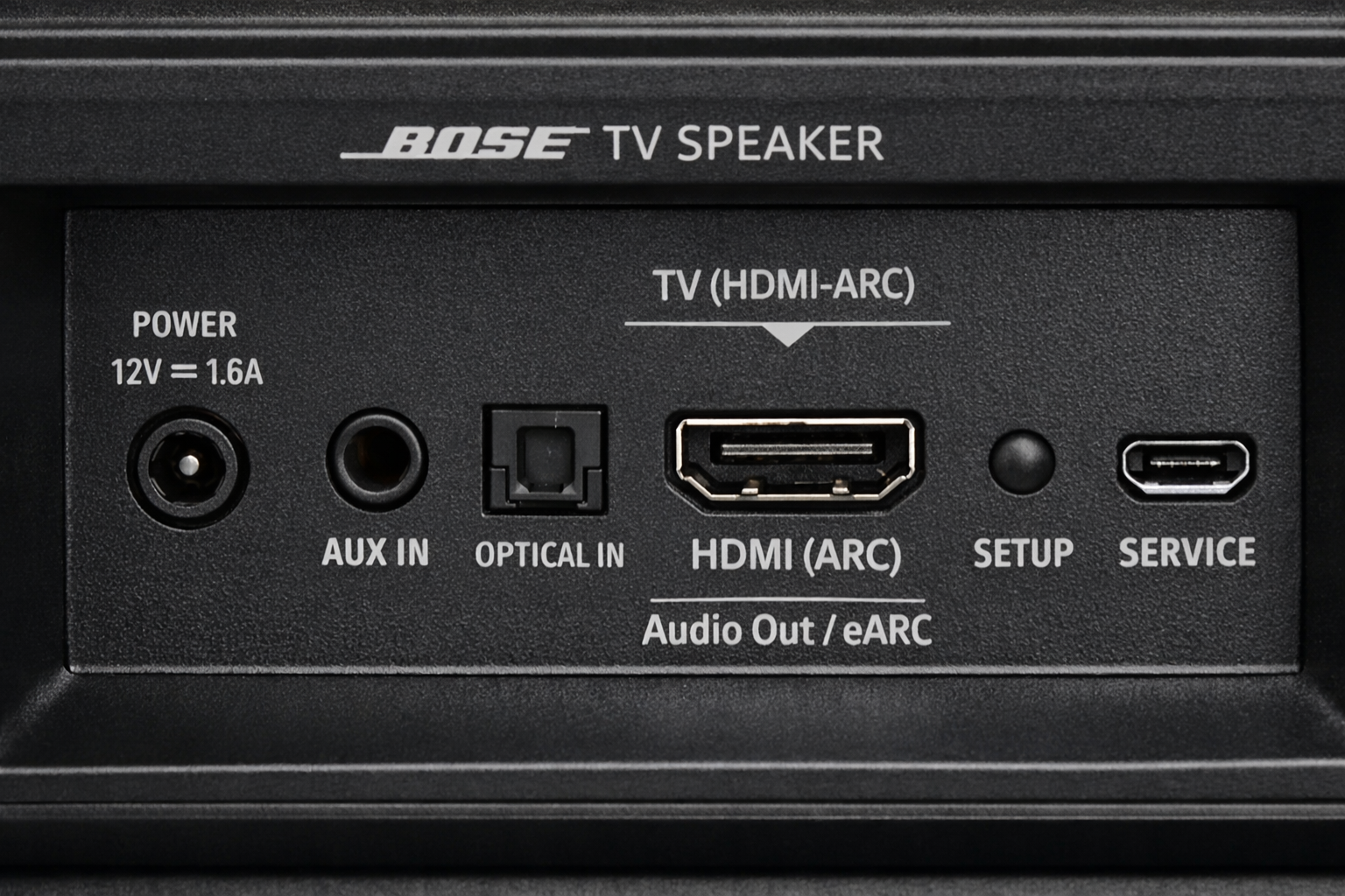 close-up of Bose TV Speaker HDMI-ARC connection ports and input options