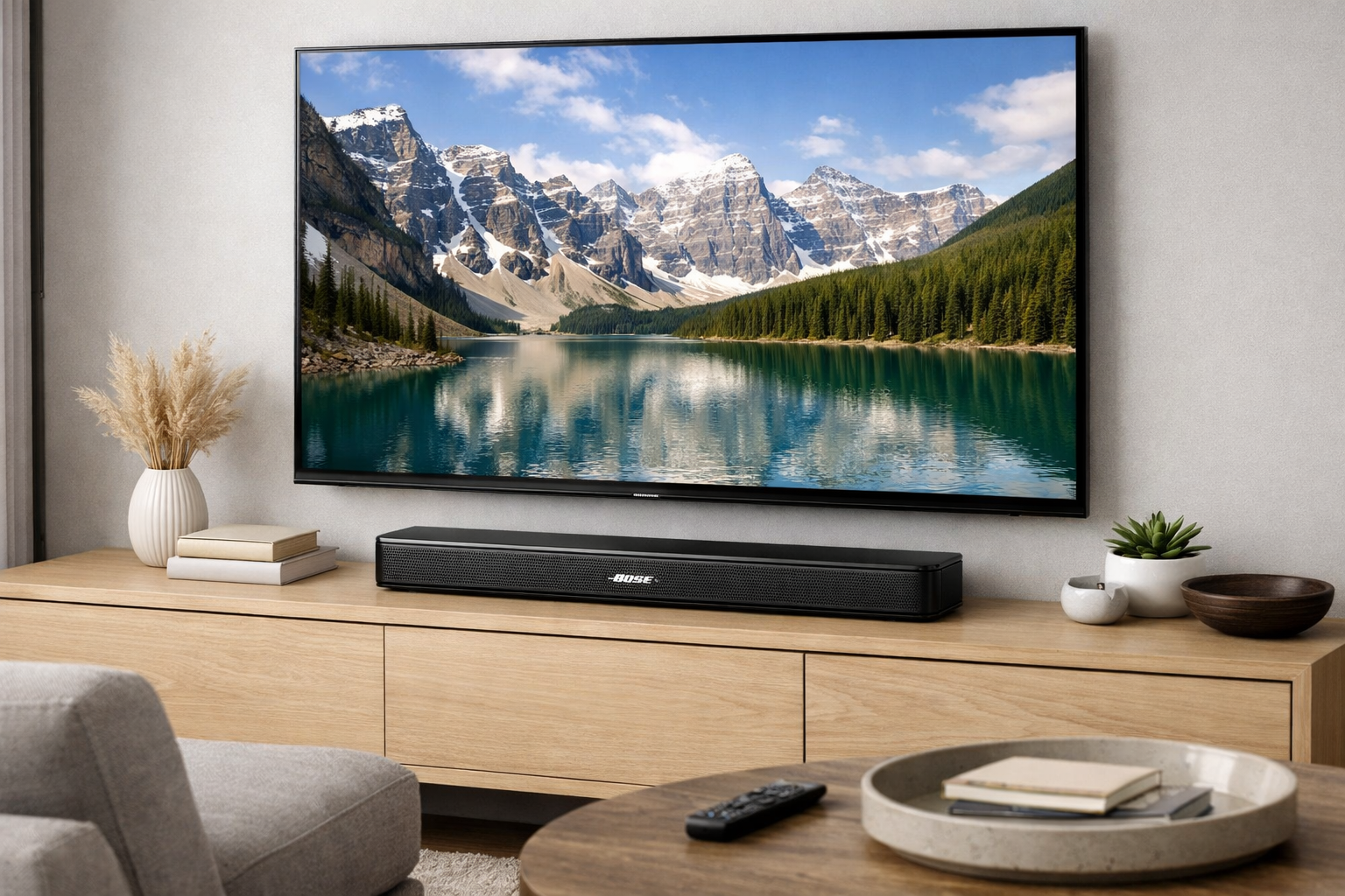 Bose TV Speaker positioned under modern TV showing compact profile and room integration