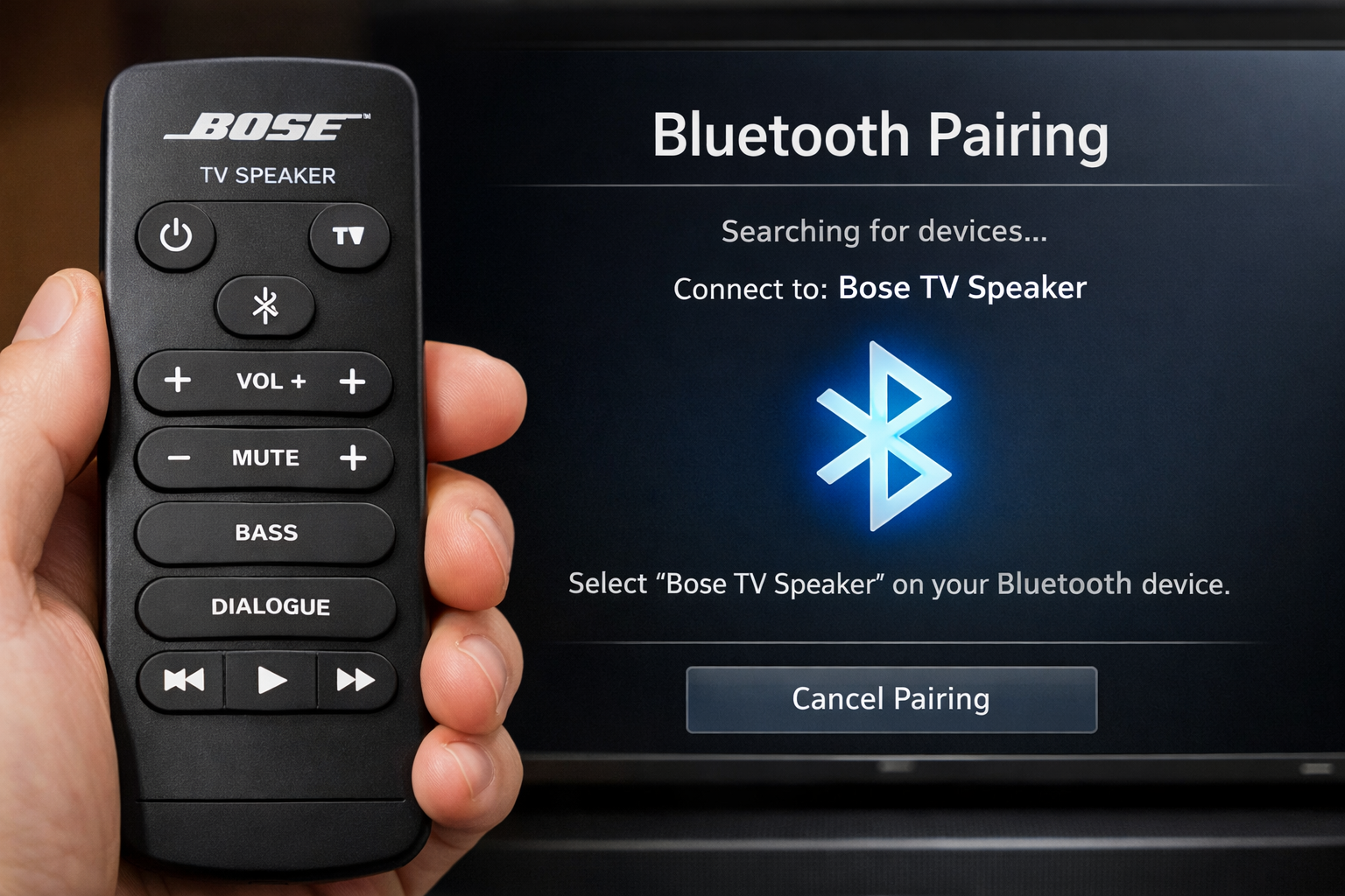 detailed view of Bose TV Speaker remote control and Bluetooth pairing interface