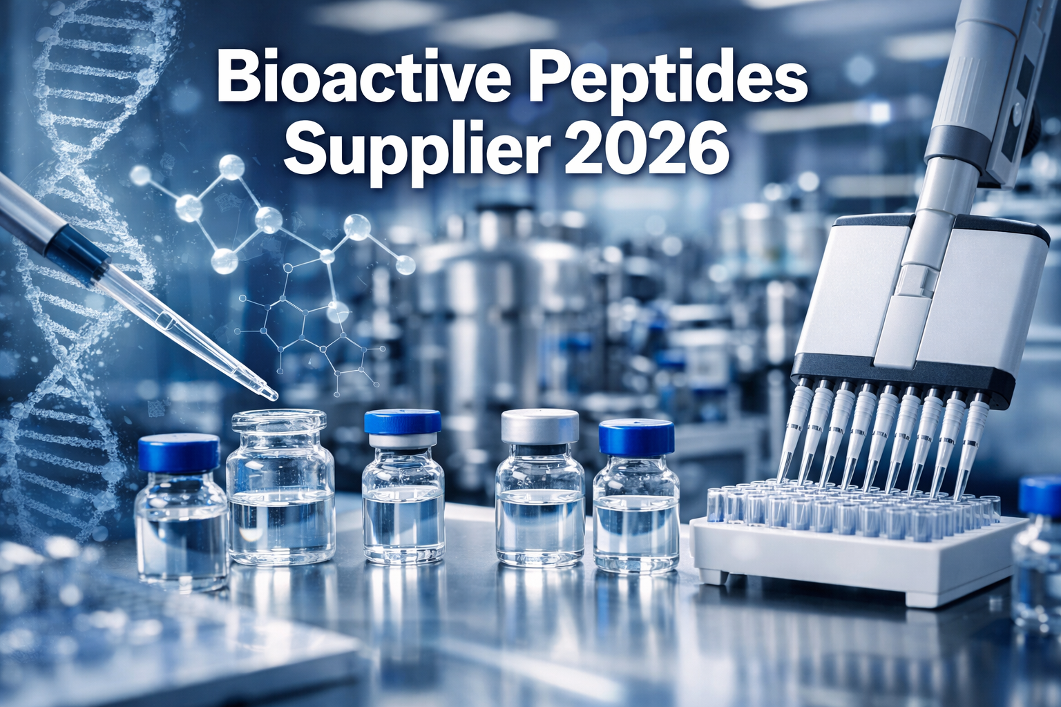 Professional landscape format (1536x1024) hero image with bold text overlay 'Bioactive Peptides Supplier 2026' in extra large 72pt white san
