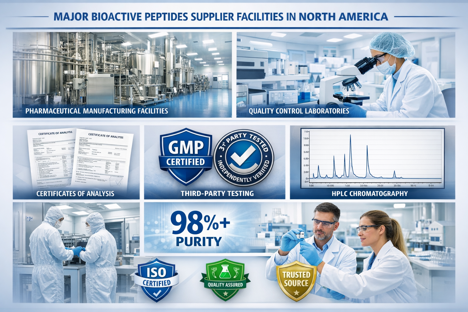Landscape format (1536x1024) comparison chart displaying major bioactive peptides supplier facilities across North America, featuring pharma