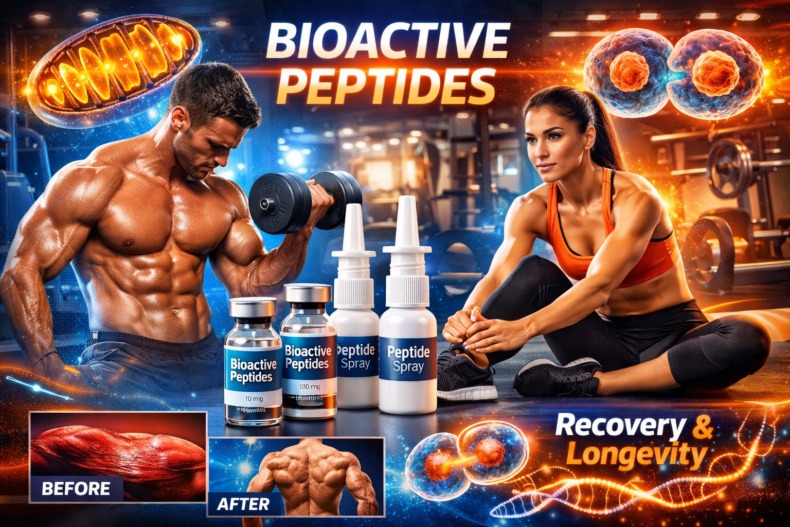 Landscape format (1536x1024) product application showcase featuring bioactive peptides in athletic performance context, muscular athletes in