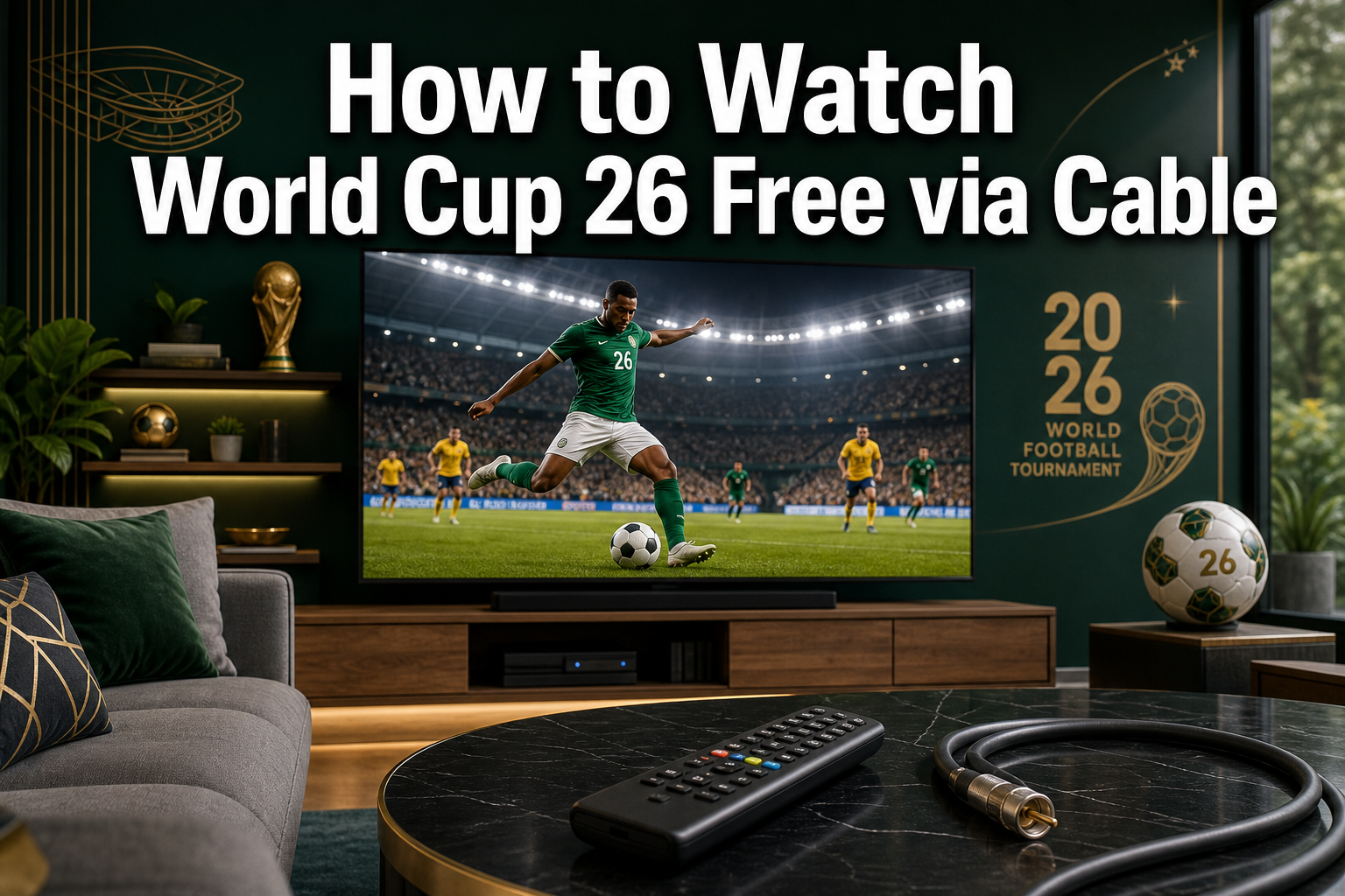 Professional () hero image featuring 'How to Watch World Cup 26 Free via Cable' in extra large white with dark , centered in