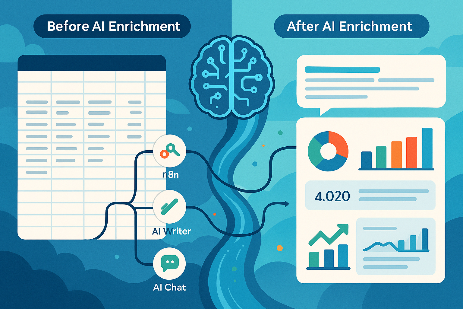 Detailed landscape illustration (1536x1024) showing AI-powered spreadsheet transformation process. Split-screen composition: left side shows