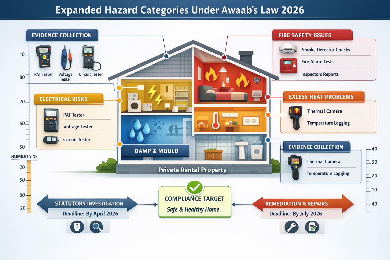 () technical infographic showing expanded hazard categories under Awaab's Law 2026. Central diagram displays private rental