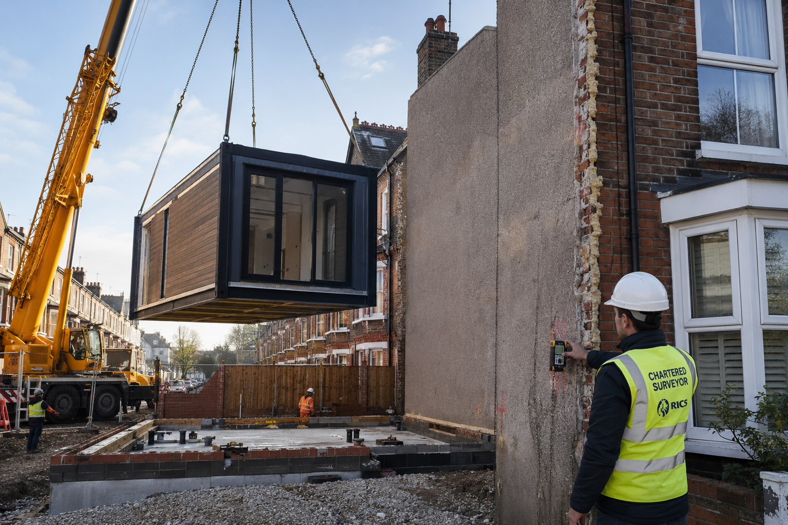 Wide-angle editorial photograph of a UK construction site showing a prefabricated modular building module being craned onto