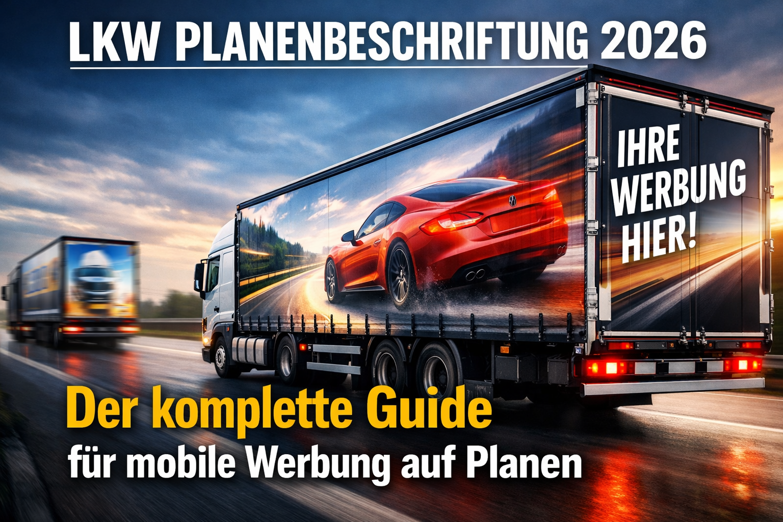 Professional hero image with bold text overlay: "LKW Planenbeschriftung 2026: Der komplette Guide für mobile Werbung auf Planen". Modern des