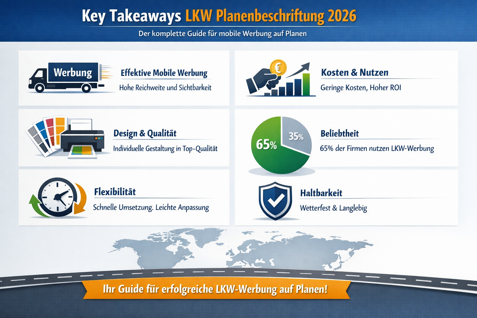 Professional infographic for article "LKW Planenbeschriftung 2026: Der komplette Guide für mobile Werbung auf Planen", section: "Key Takeawa