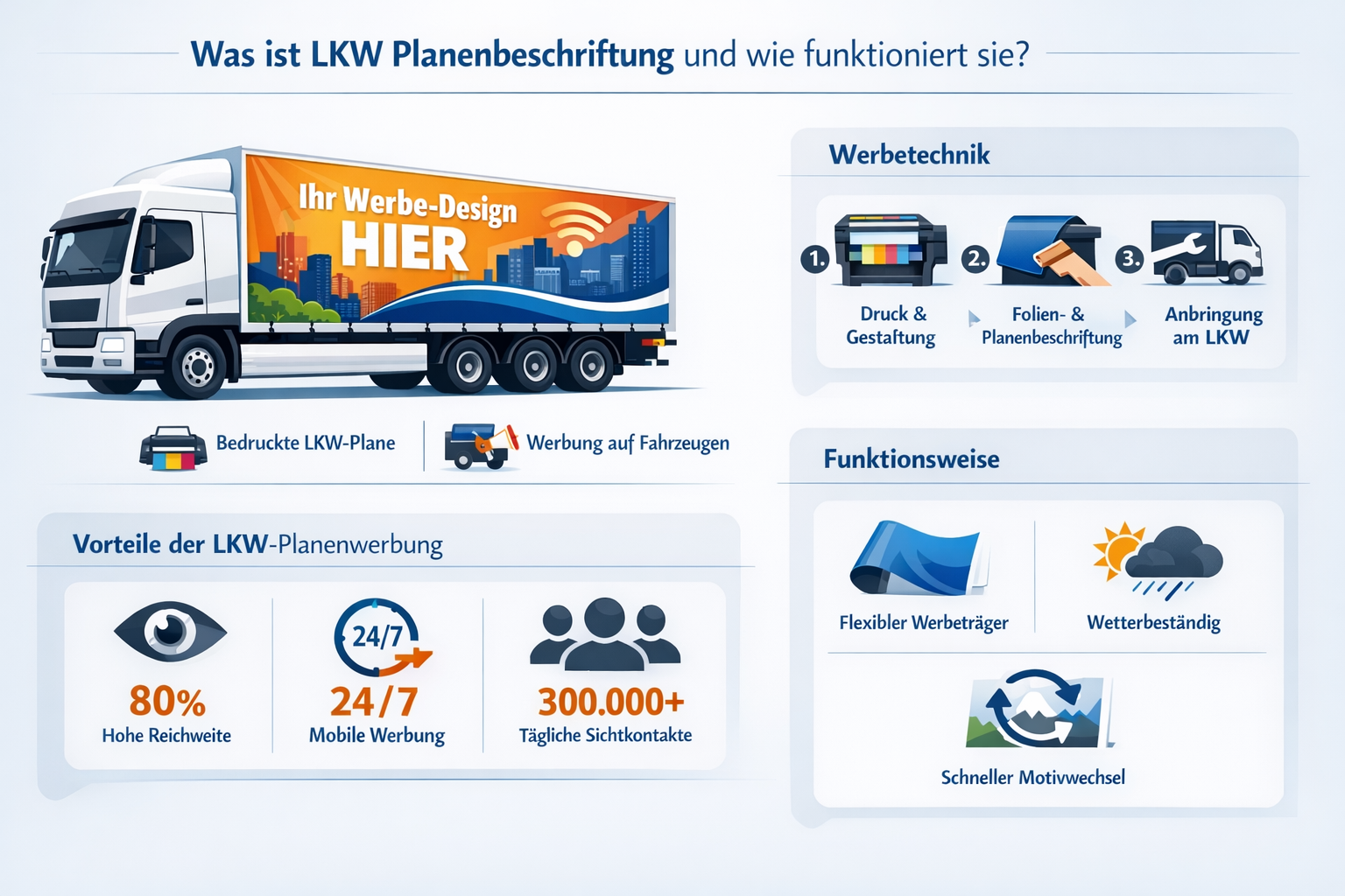 Professional infographic for article "LKW Planenbeschriftung 2026: Der komplette Guide für mobile Werbung auf Planen", section: "Was ist LKW