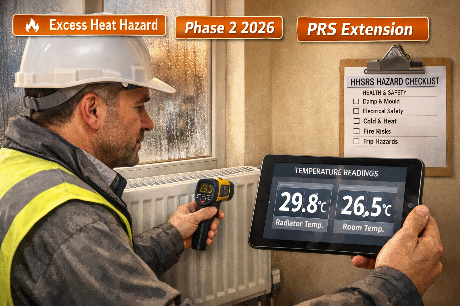 () editorial illustration showing a chartered surveyor in a hard hat holding a digital thermometer against a radiator in an