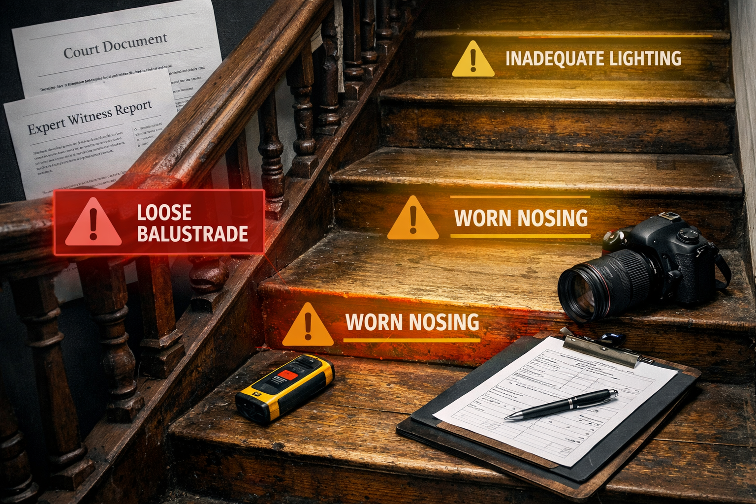 () close-up aerial view of a worn wooden staircase in a Victorian rental property, with a surveyor's measuring tape, camera,