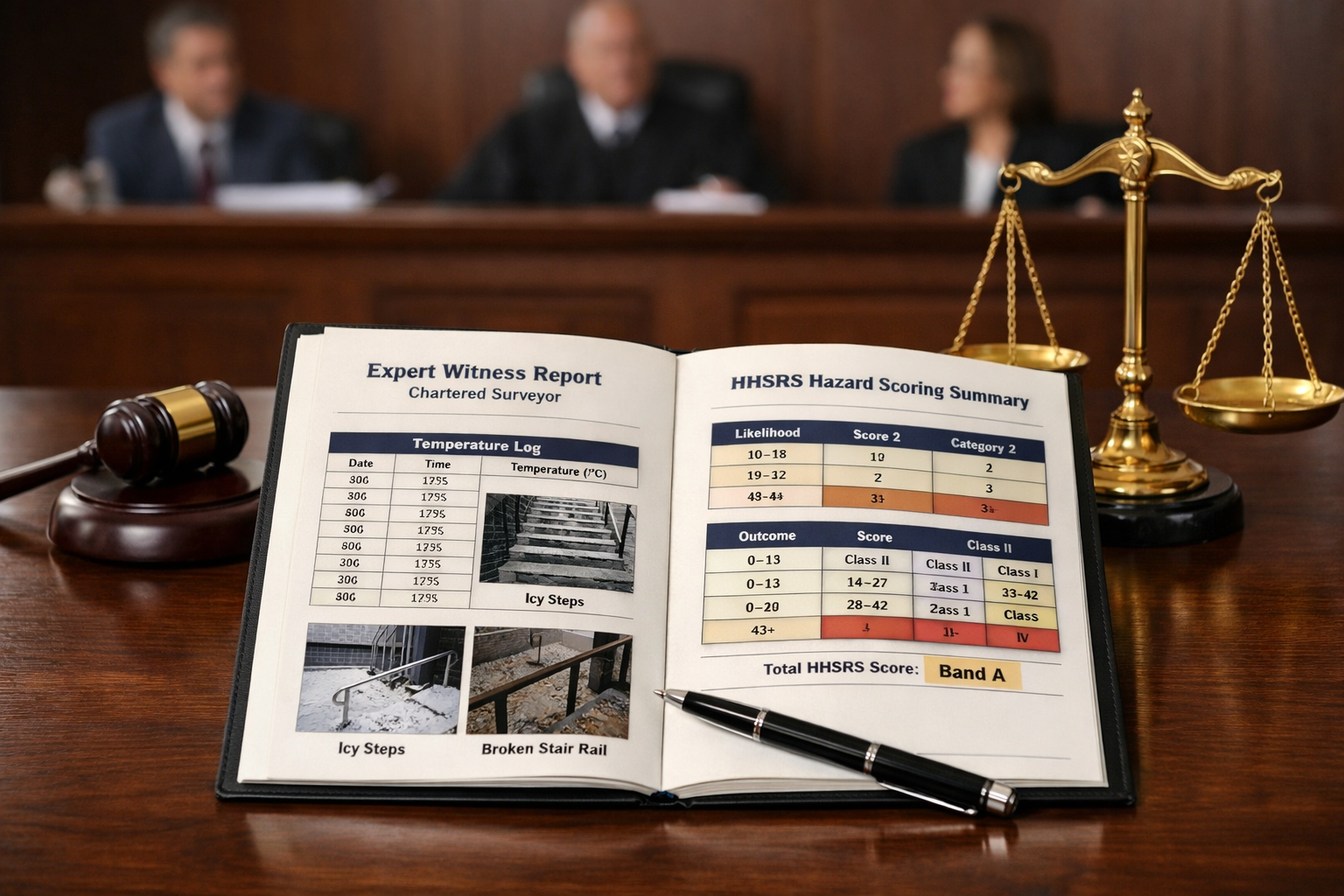 () showing a formal legal setting: a conference table with a chartered surveyor's expert witness report open, showing