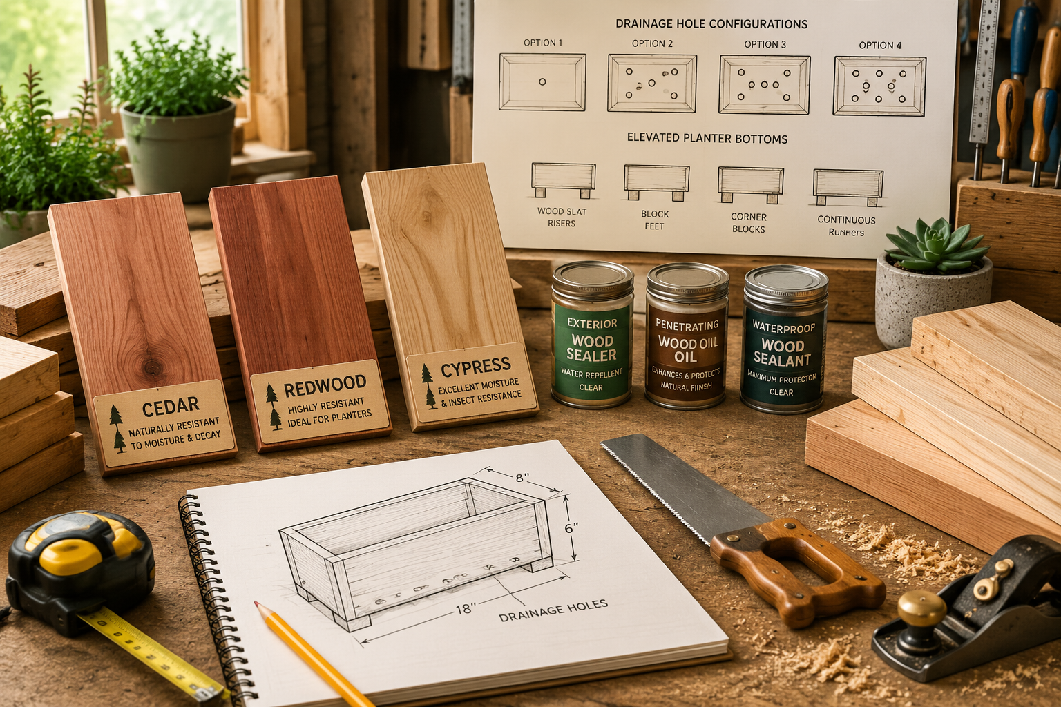 Detailed () image focusing on a workbench with various types of wood samples (cedar, redwood, cypress) labeled for moisture