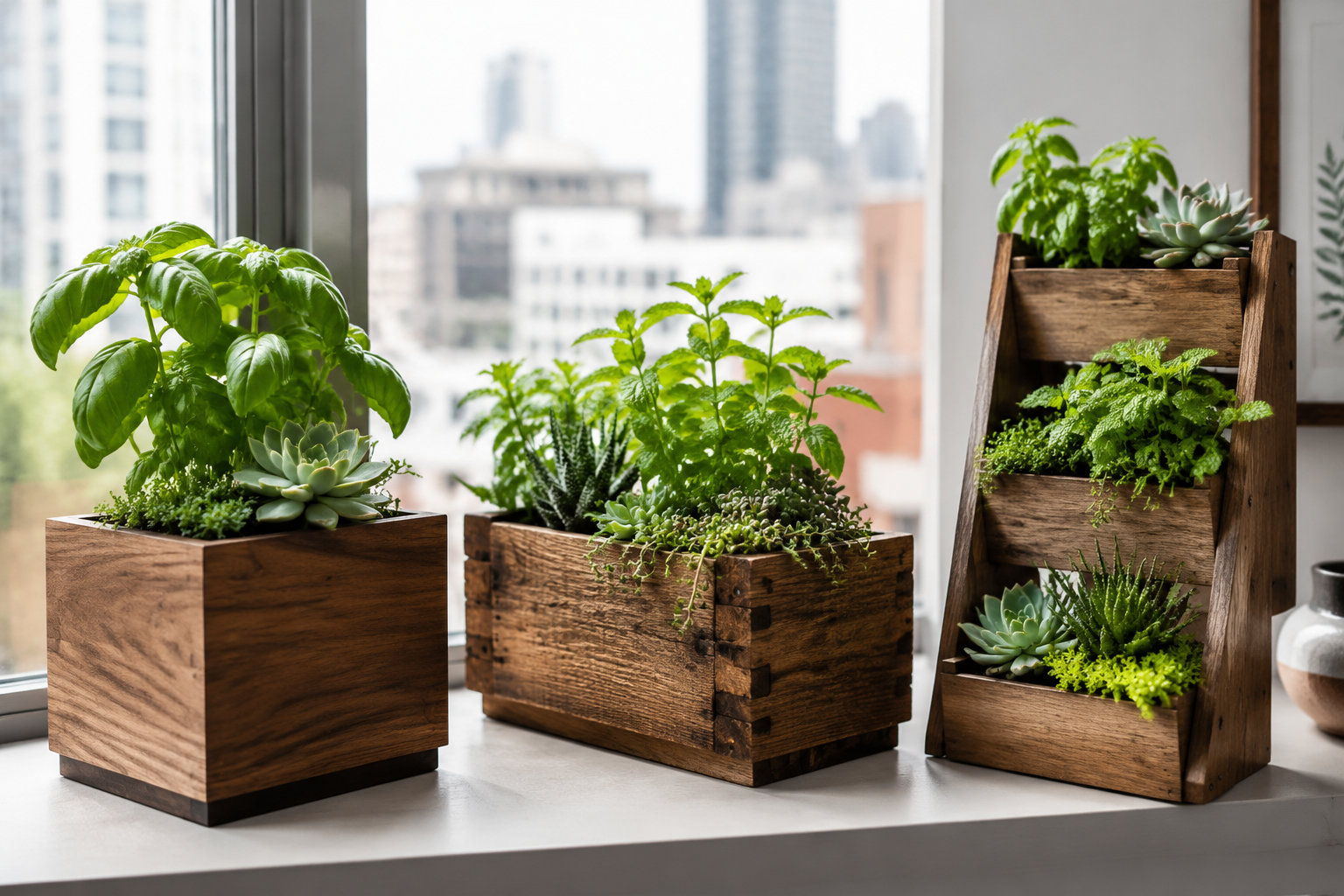 () image showcasing three distinct custom wooden planters for indoor herbs and succulents, each representing a different