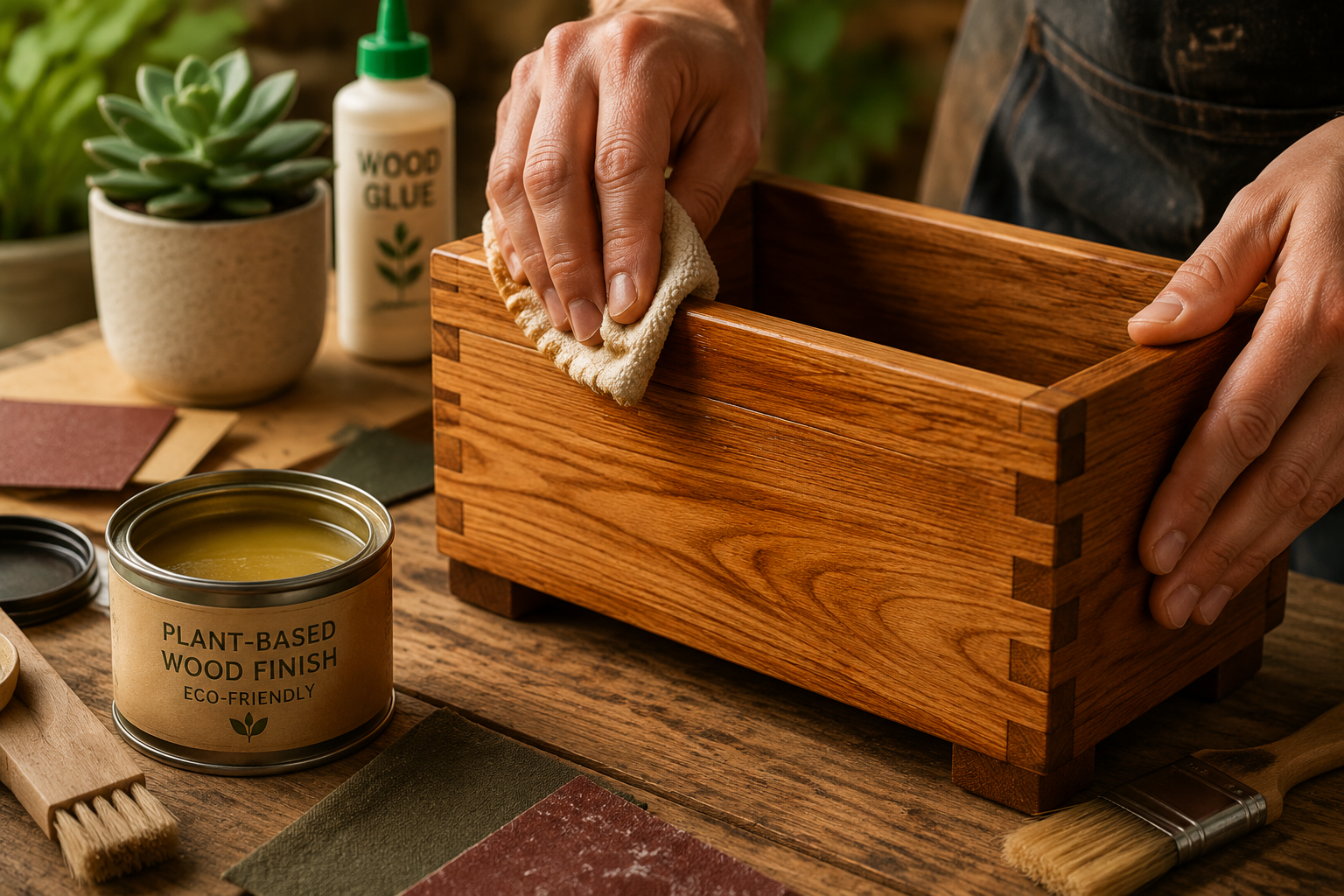 Close-up () image of hands applying a protective, eco-friendly wood finish to a newly constructed wooden planter,
