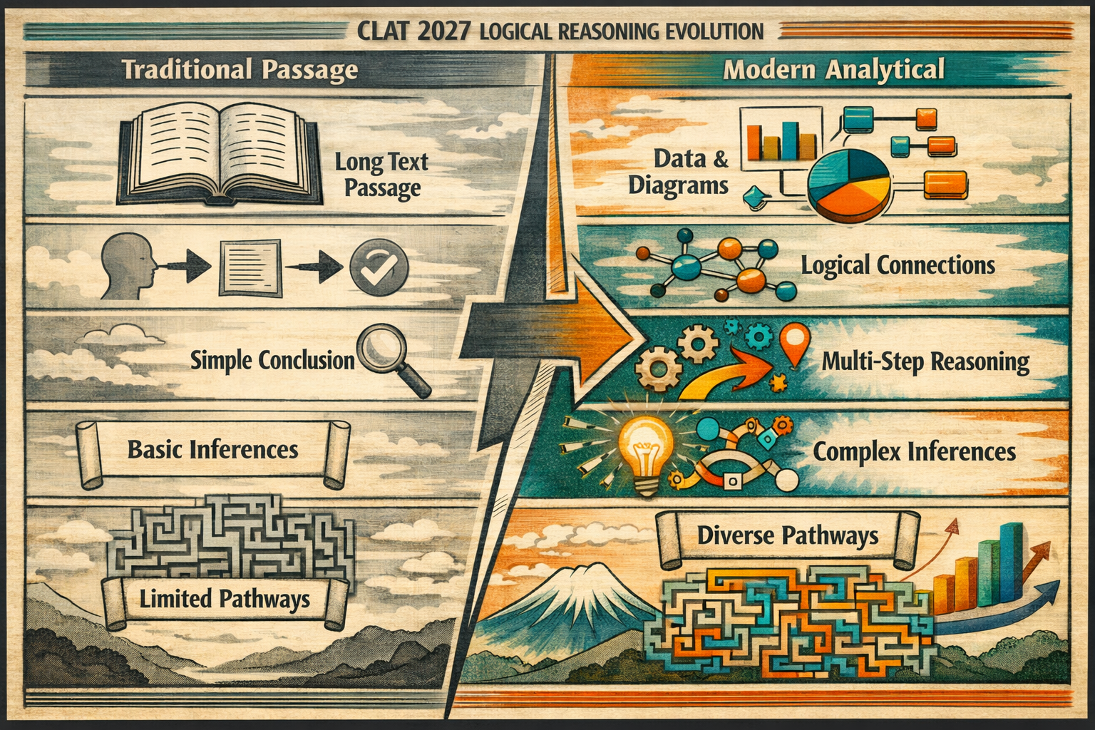3D rendered, modern CGI, clean lighting, Traditional Japanese ukiyo-e woodblock print style, Conceptual split-screen infographic comparing C