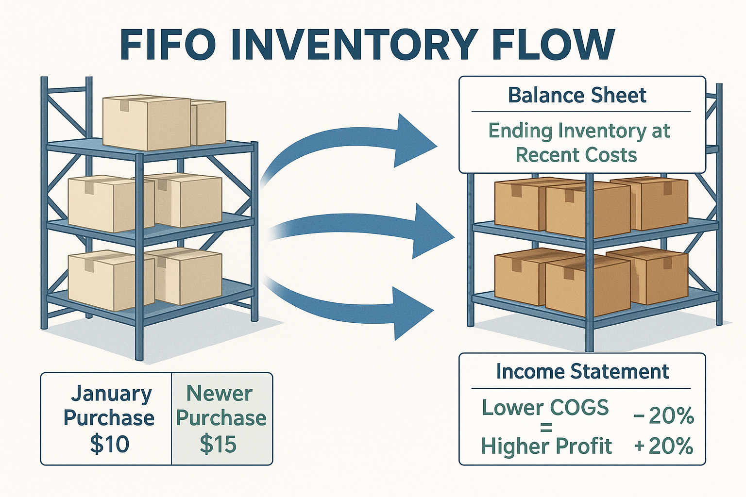 Detailed infographic illustration (1536x1024) showing FIFO inventory flow concept with three-dimensional warehouse shelves. Left side displa