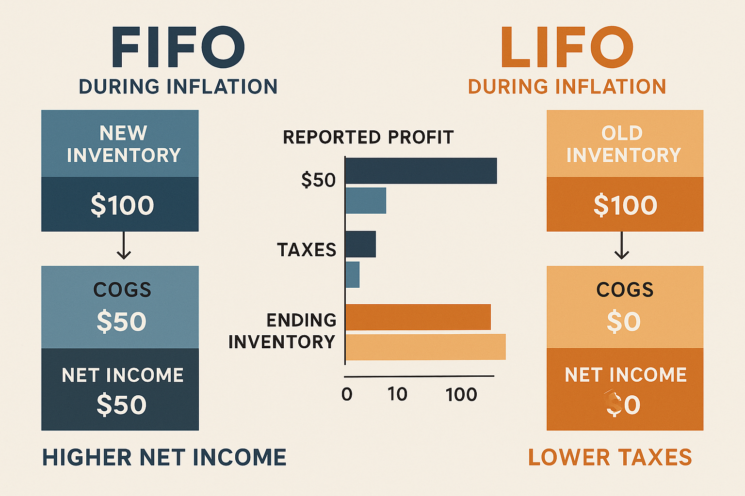 Comprehensive comparison visualization (1536x1024) displaying FIFO versus LIFO side-by-side analysis during inflationary period. Left panel