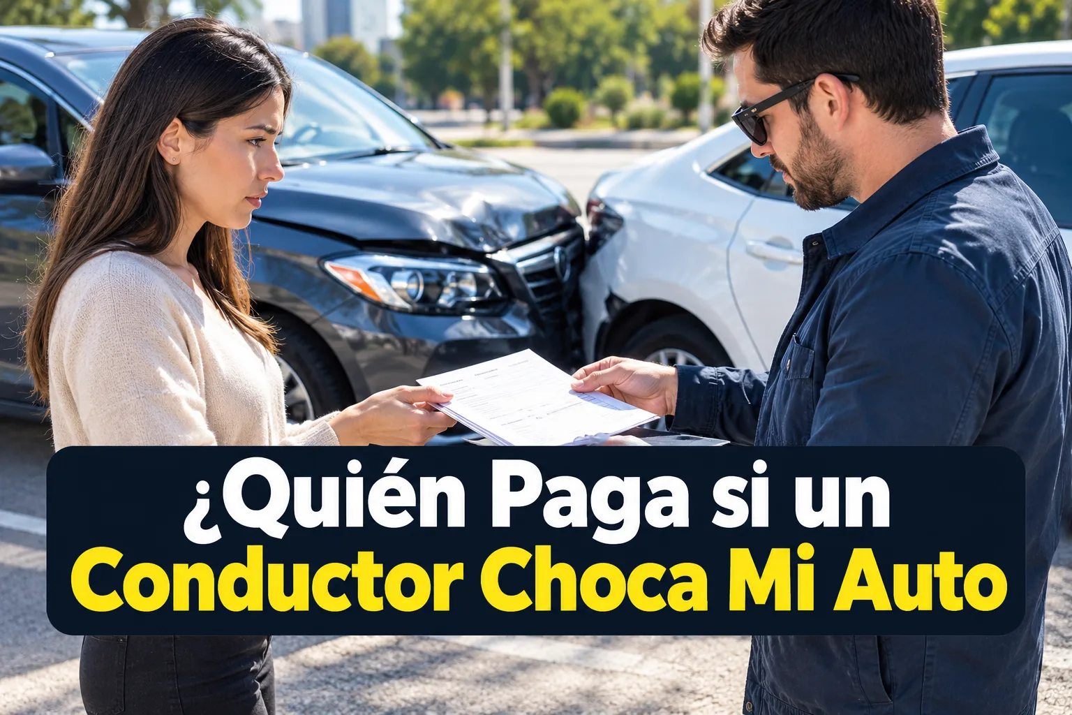Click to regenerate this image Professional () hero image with SHORT : '¿Quién Paga si un Conductor Choca Mi Auto', on a high-contrast dark panel, centered