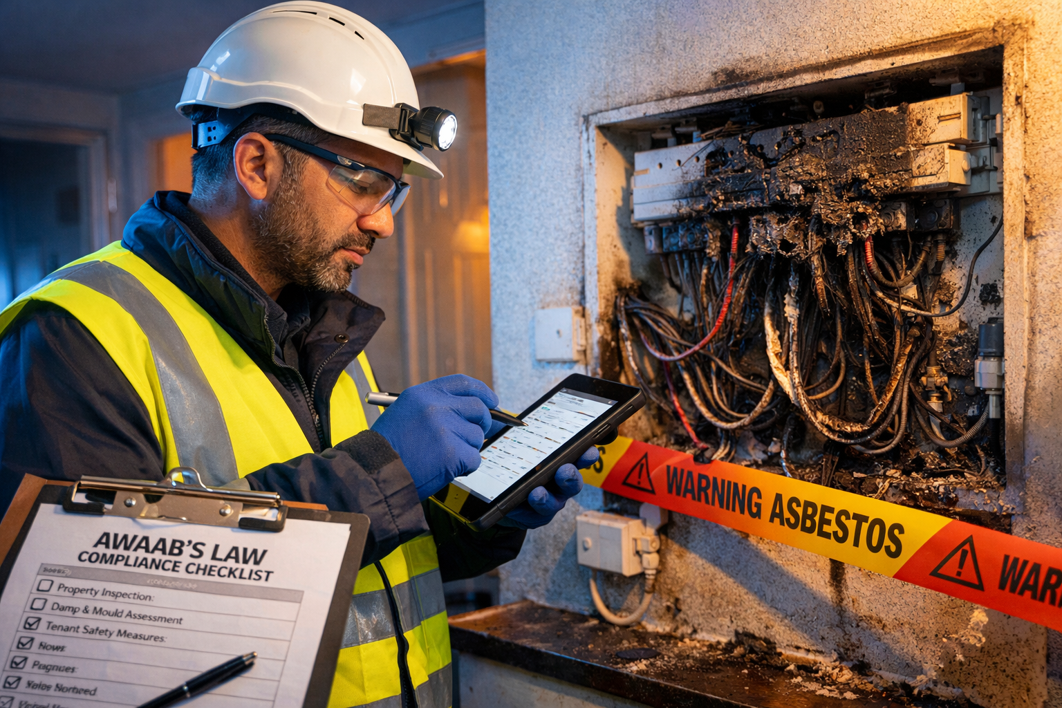 Wide-angle editorial photograph of a professional building surveyor in PPE using a digital tablet checklist while examining