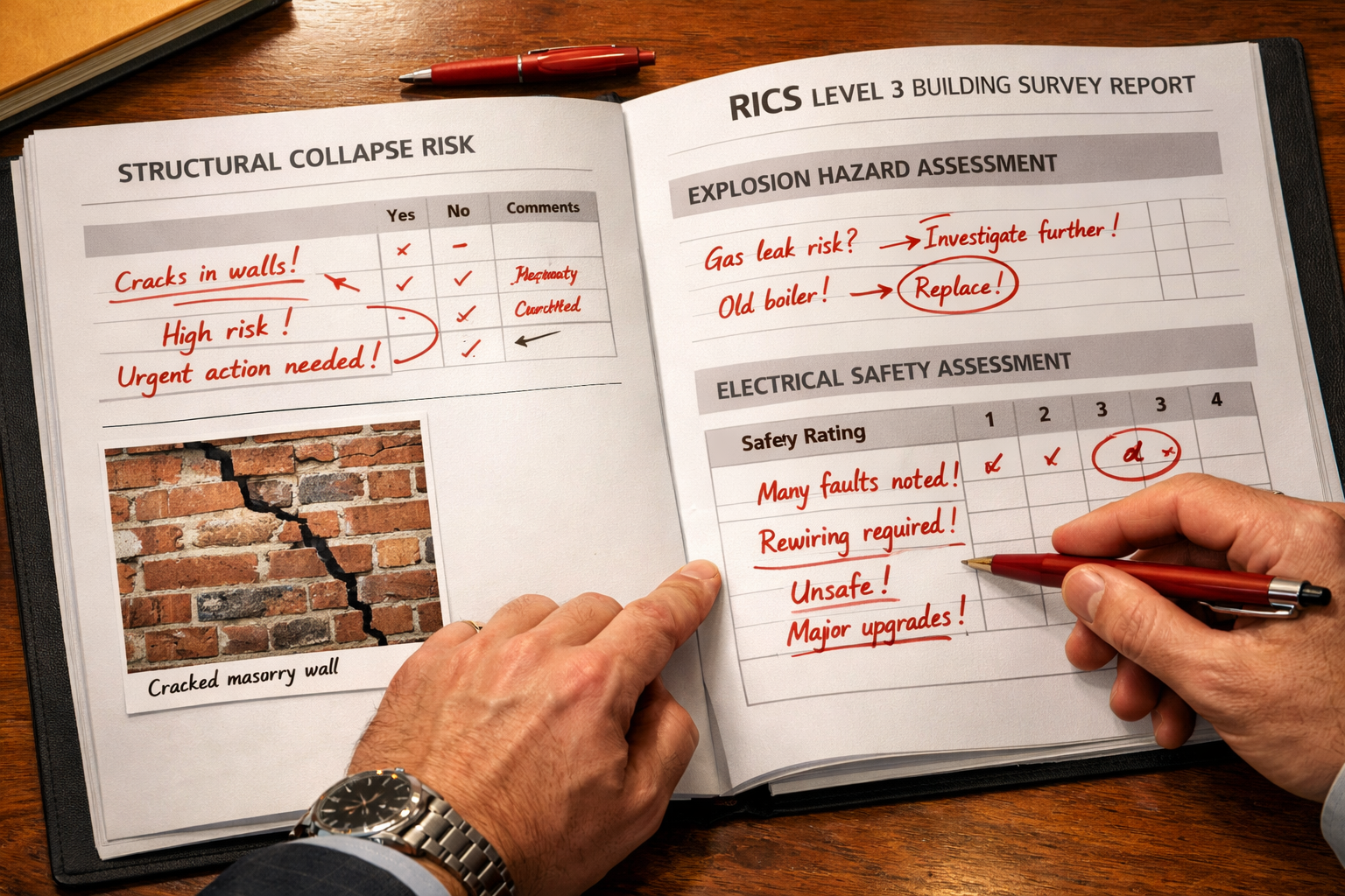 Close-up editorial photograph of a RICS Level 3 building survey report document spread open on a desk, showing annotated