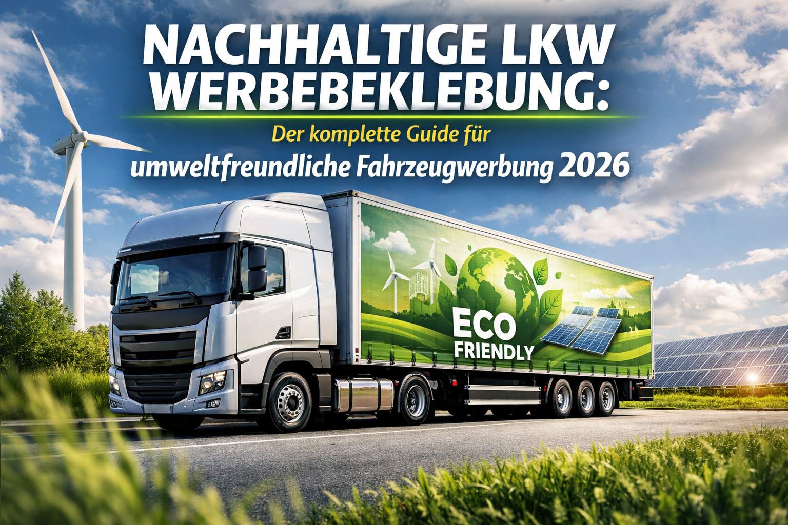 Professional hero image with bold text overlay: "Nachhaltige LKW Werbebeklebung: Der komplette Guide für umweltfreundliche Fahrzeugwerbung 2