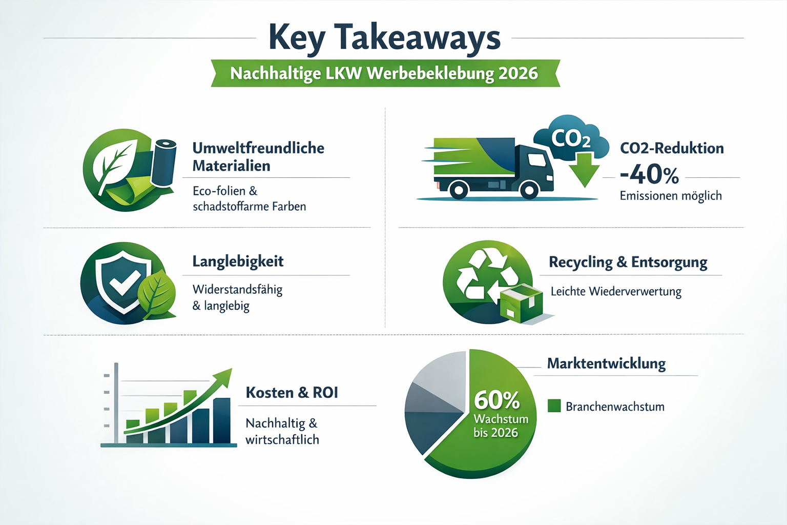 Professional infographic for article "Nachhaltige LKW Werbebeklebung: Der komplette Guide für umweltfreundliche Fahrzeugwerbung 2026", secti