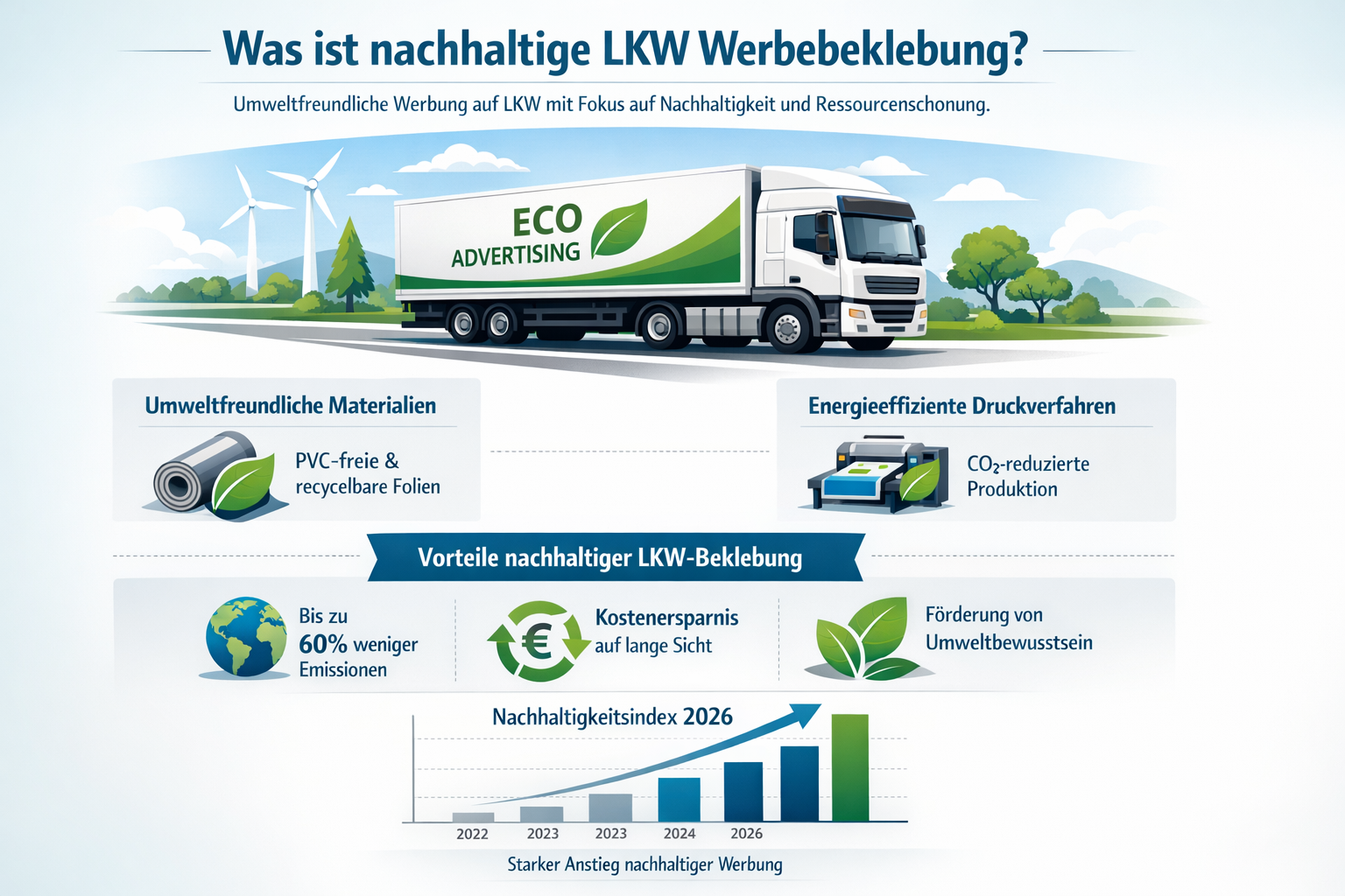 Professional infographic for article "Nachhaltige LKW Werbebeklebung: Der komplette Guide für umweltfreundliche Fahrzeugwerbung 2026", secti