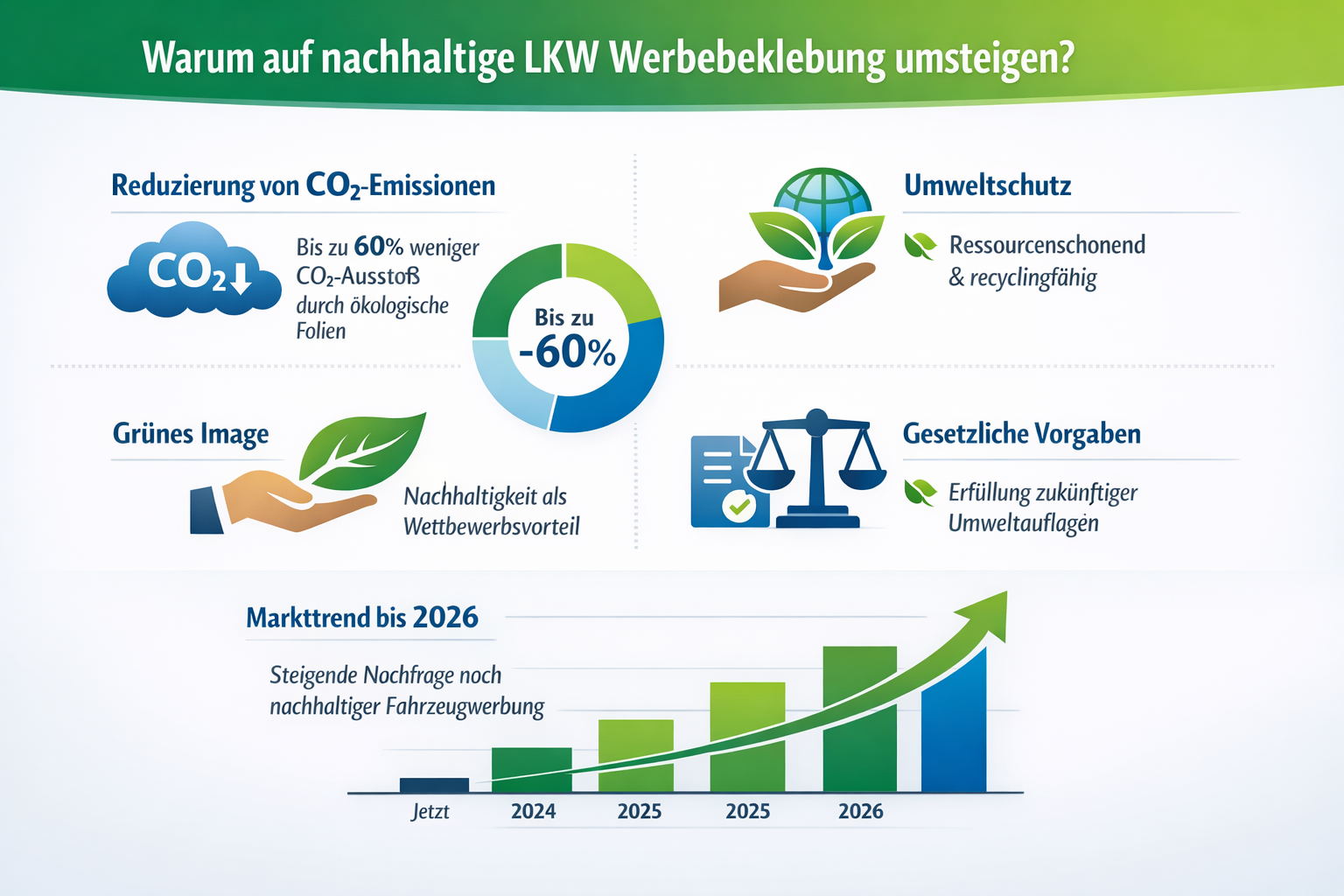 Professional infographic for article "Nachhaltige LKW Werbebeklebung: Der komplette Guide für umweltfreundliche Fahrzeugwerbung 2026", secti