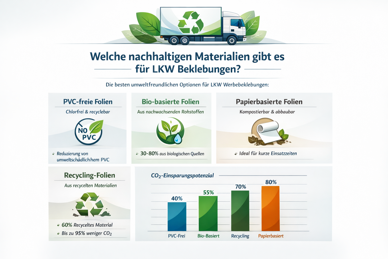 Professional infographic for article "Nachhaltige LKW Werbebeklebung: Der komplette Guide für umweltfreundliche Fahrzeugwerbung 2026", secti