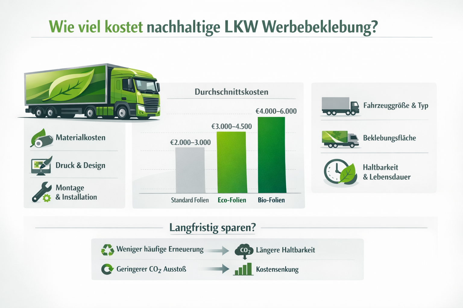 Professional infographic for article "Nachhaltige LKW Werbebeklebung: Der komplette Guide für umweltfreundliche Fahrzeugwerbung 2026", secti