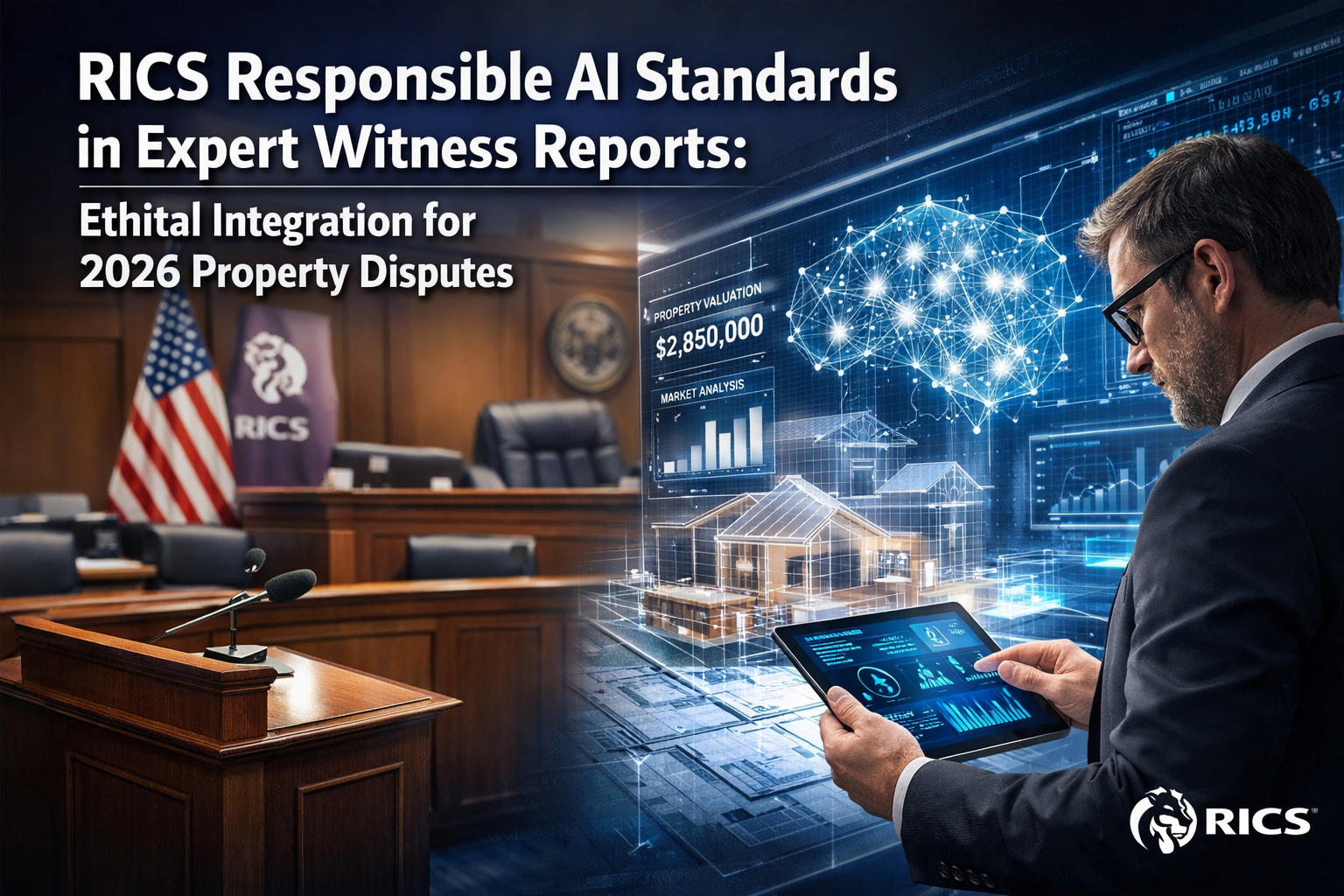 Professional () hero image featuring 'RICS Responsible AI Standards in Expert Witness Reports: Ethical Integration for 2026