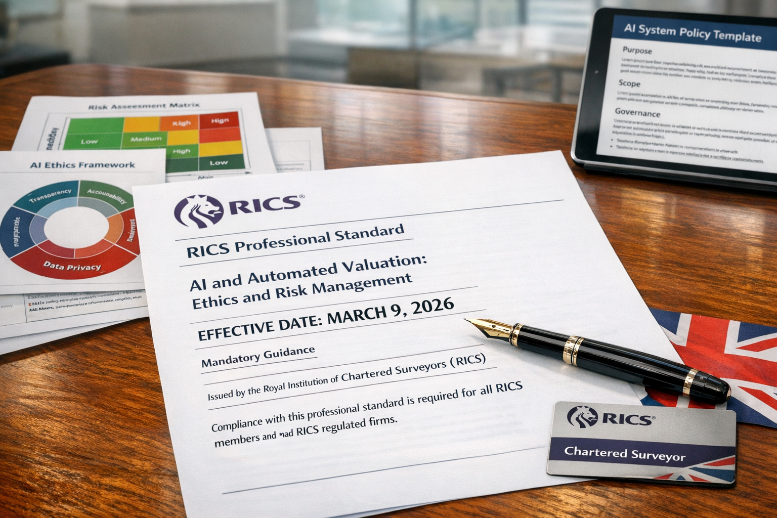 Detailed () image showing close-up of official RICS professional standard document on polished wooden desk with March 9,