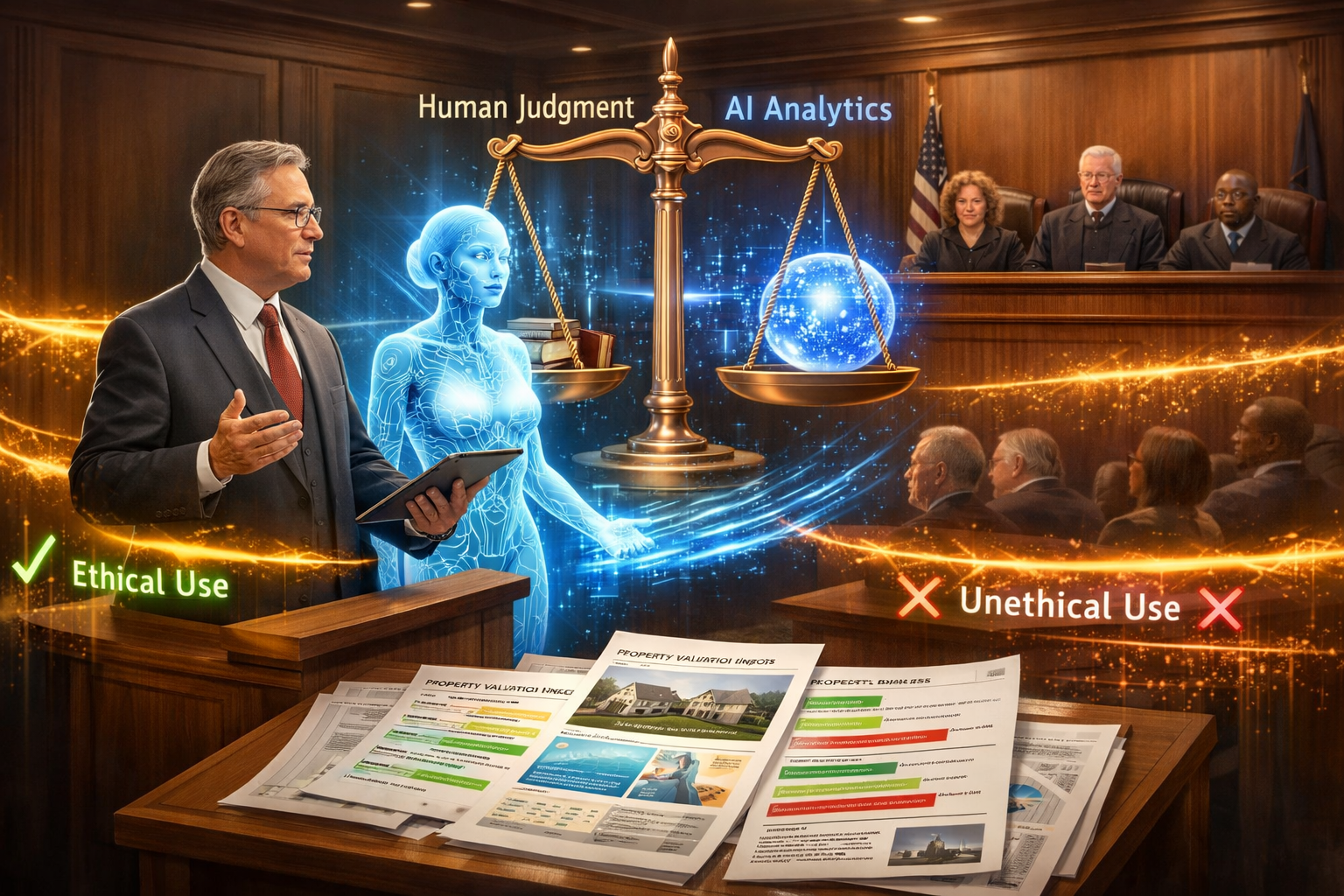 () conceptual illustration showing expert witness in formal attire standing at testimony podium with transparent holographic